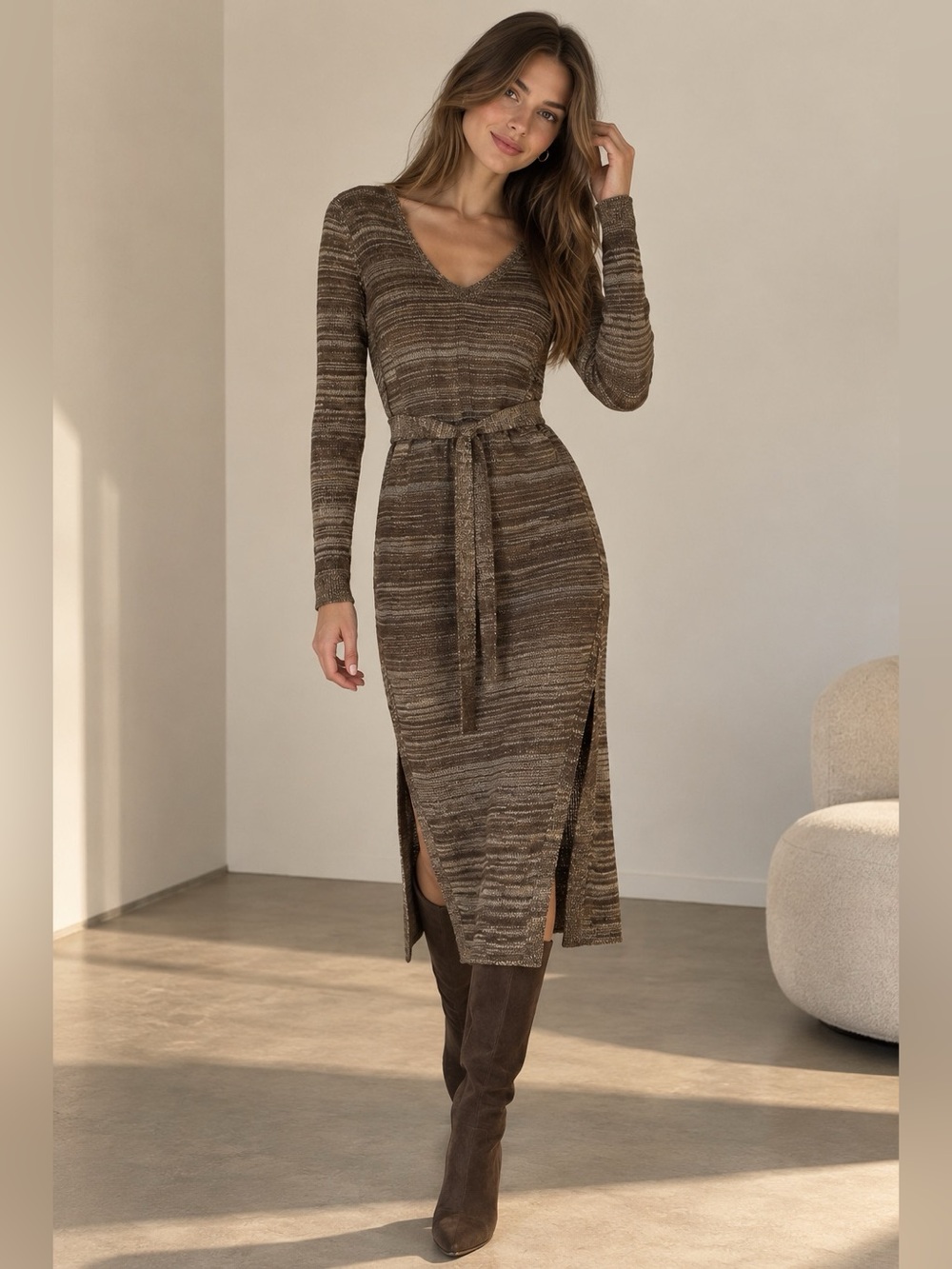 Massimo Dutti Italian Yarn Metallic Knit Belted Midi Dress Size S
